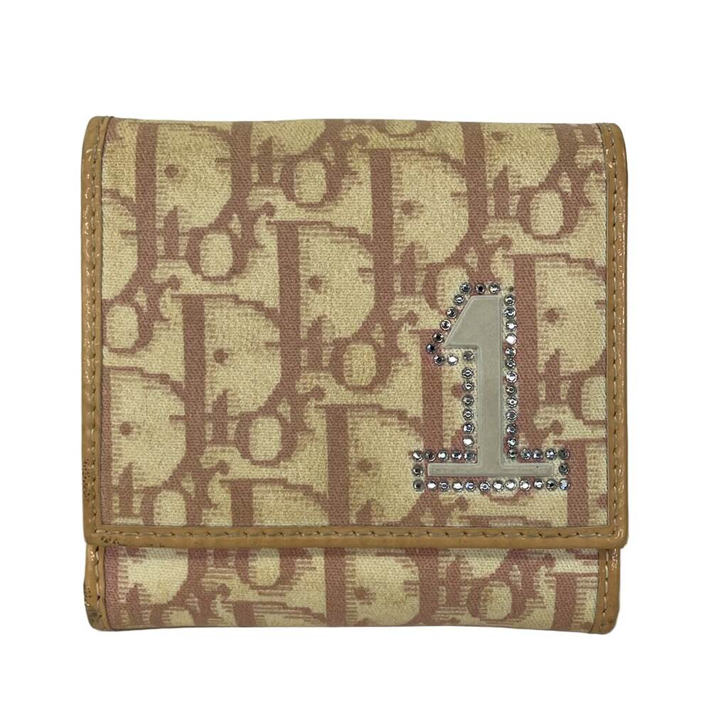 Christian Dior Trotteur Double-hook Wallet Beige Pink Silver Canvas Patent